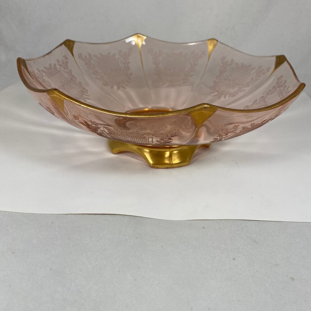 Pink Depression Glass Bowl Nude & Floral Gold Etched Vintage Footed Serving Dish